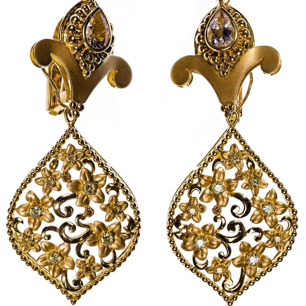 Paula Crevoshay 18k Yellow Gold and Gemstone Clip-on Earring Set